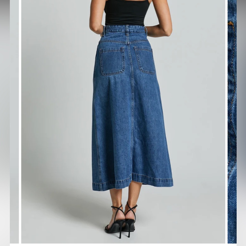 Showpo Alisa Midi Skirt- Ultra High-waisted Dark Blue Denim - Picture 3 of 9